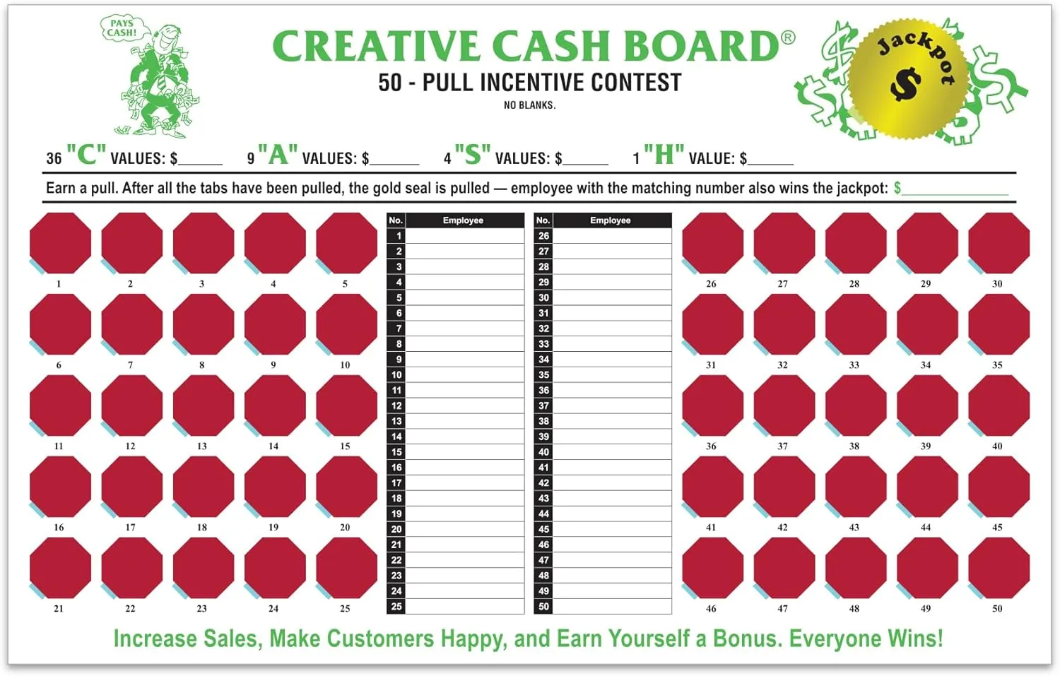 Incentive Cash Boards - 17"" x 10-3/4"" Creative Cash Board with 50 Red Pull Tabs - 10-point White Stock Cash Board for Motivating Automotive Service Teams - Pack of 4