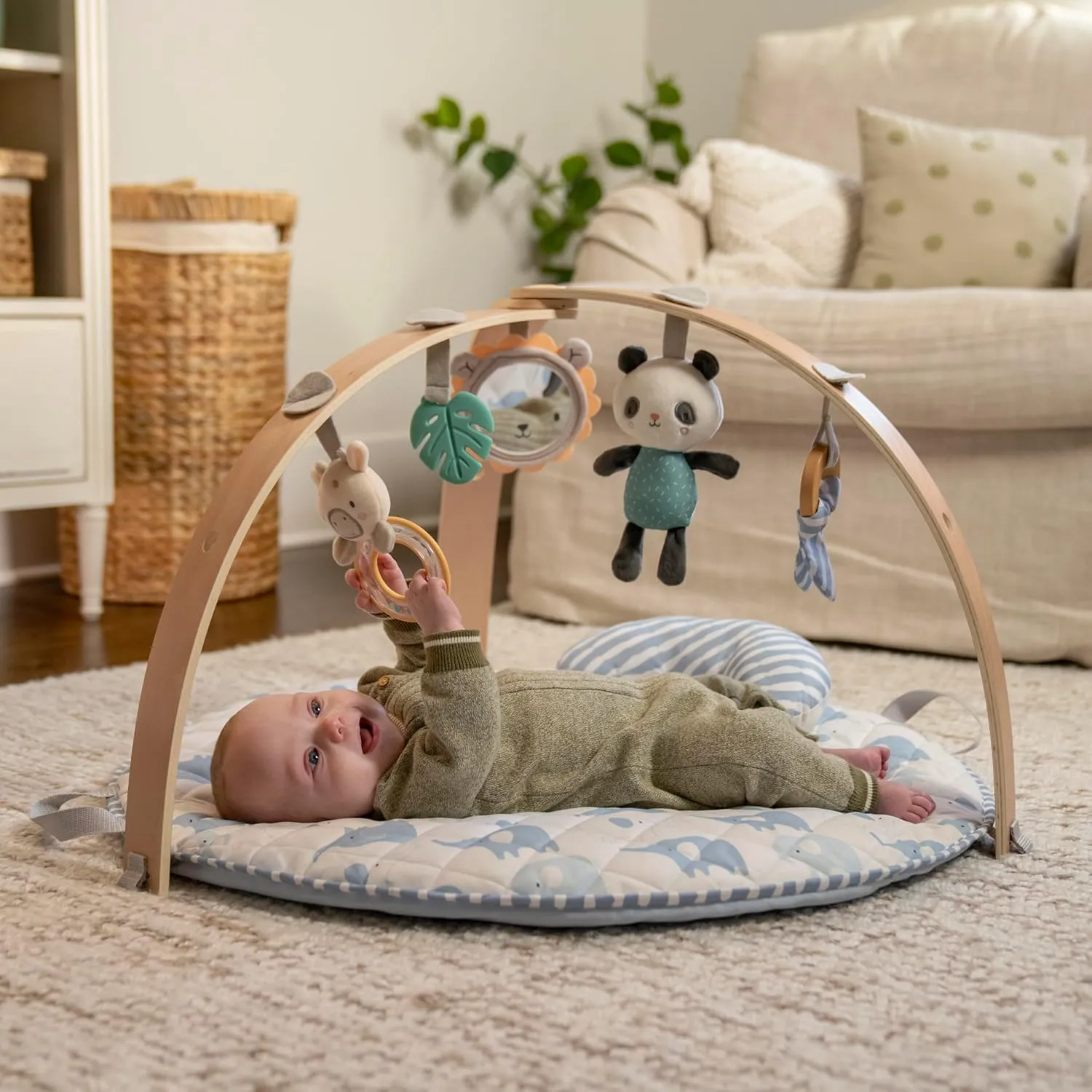 Ingenuity Cozy Spot Reversible Duvet Baby Play Gym & Play Mat with Wooden Toy bar - Elephant March (Neutral Safari), Newborn and up