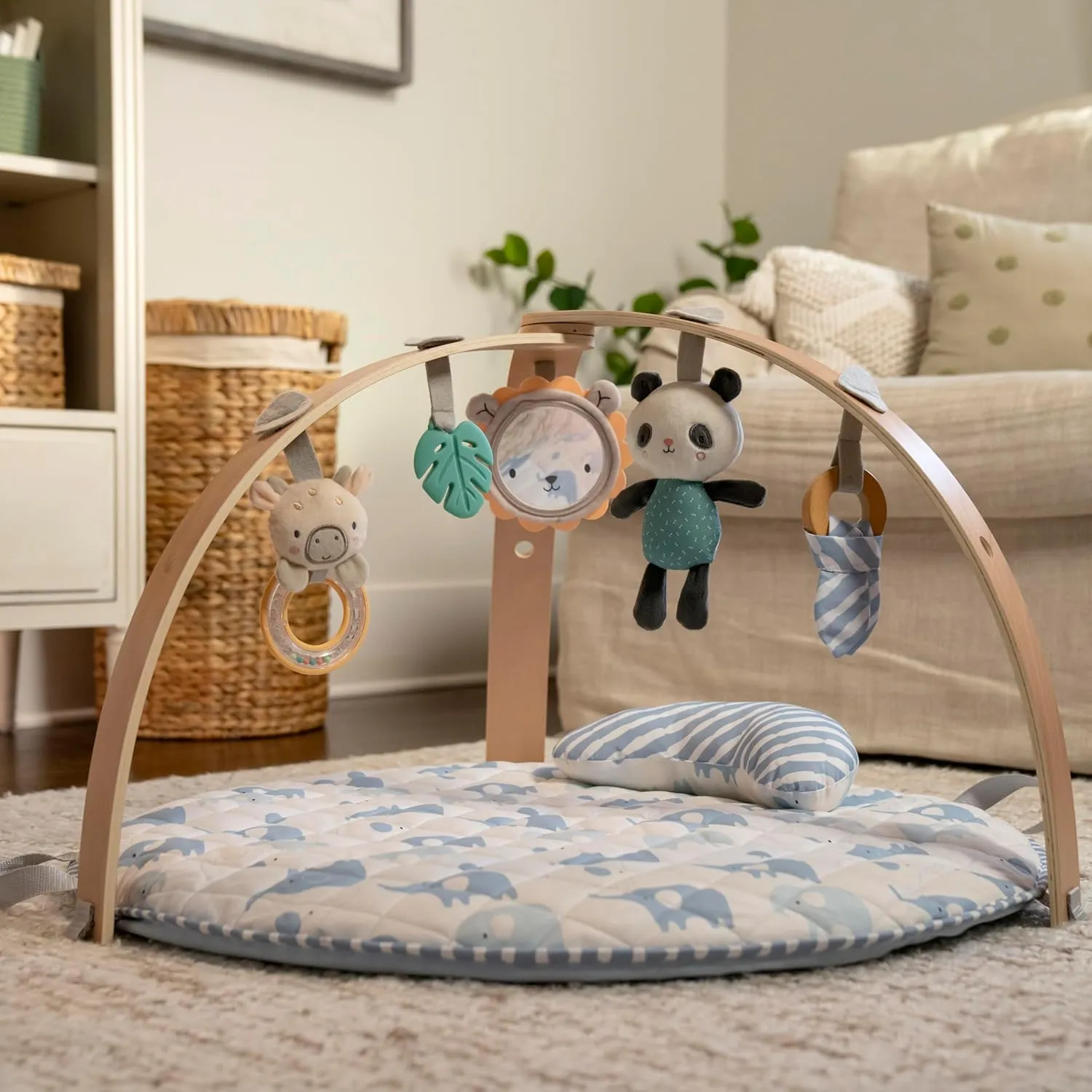 Ingenuity Cozy Spot Reversible Duvet Baby Play Gym & Play Mat with Wooden Toy bar - Elephant March (Neutral Safari), Newborn and up