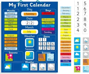 Interactive Children's Magnetic Learning Calendar - Blue- Fun Educational Tool for Time, Seasons, and Weather Awareness - 40x32 cm with Easy Hang Loop