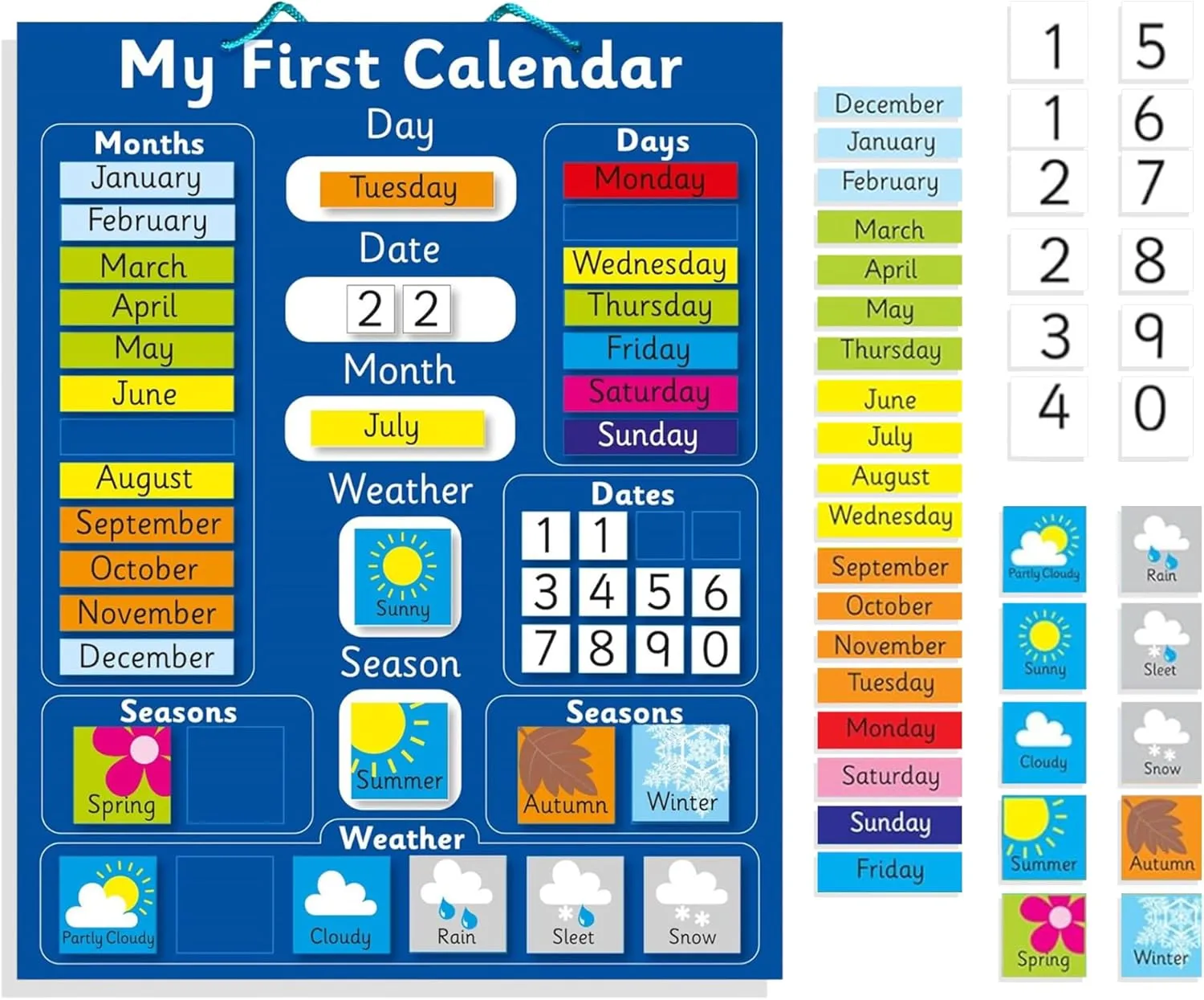 Interactive Children's Magnetic Learning Calendar - Blue- Fun Educational Tool for Time, Seasons, and Weather Awareness - 40x32 cm with Easy Hang Loop