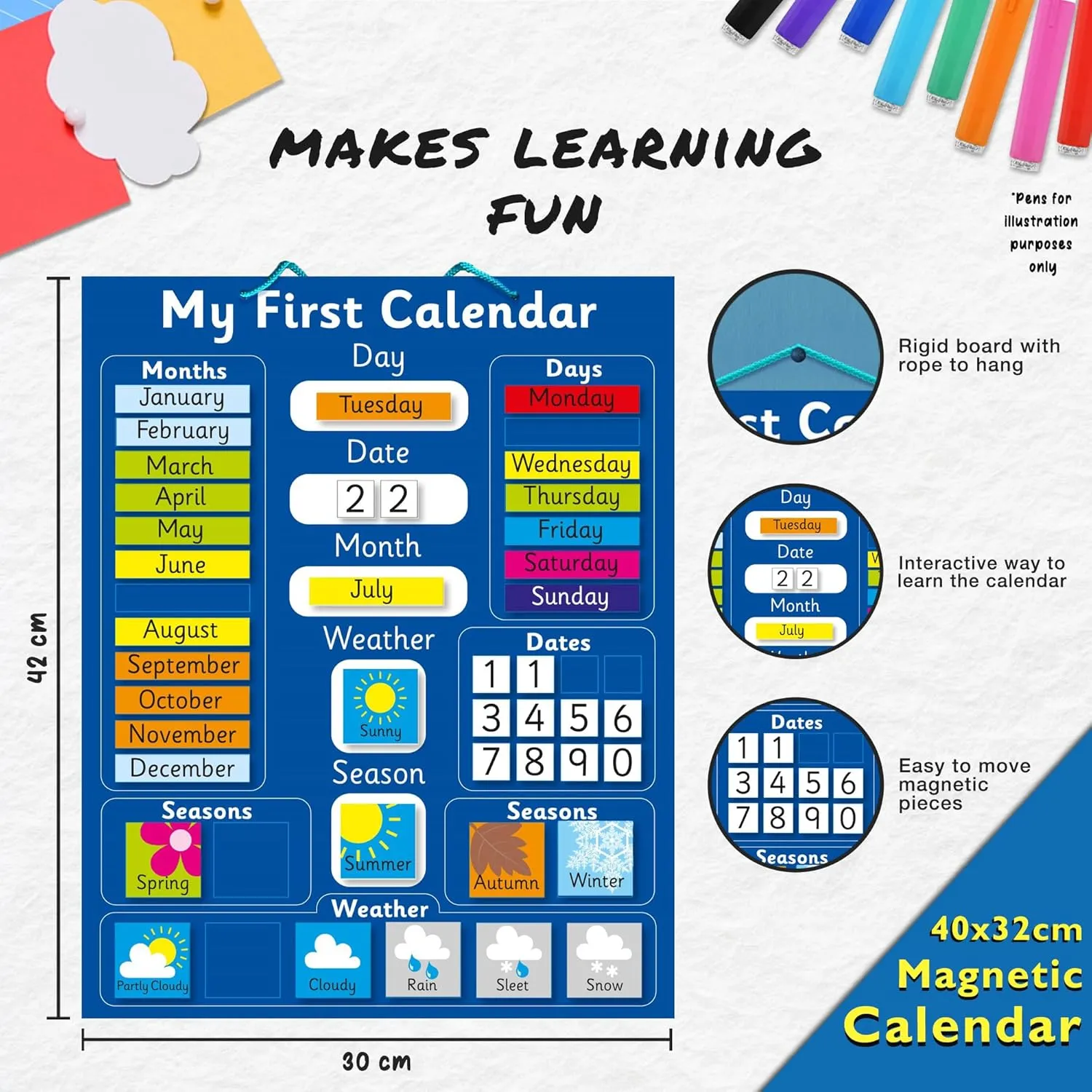 Interactive Children's Magnetic Learning Calendar - Blue- Fun Educational Tool for Time, Seasons, and Weather Awareness - 40x32 cm with Easy Hang Loop