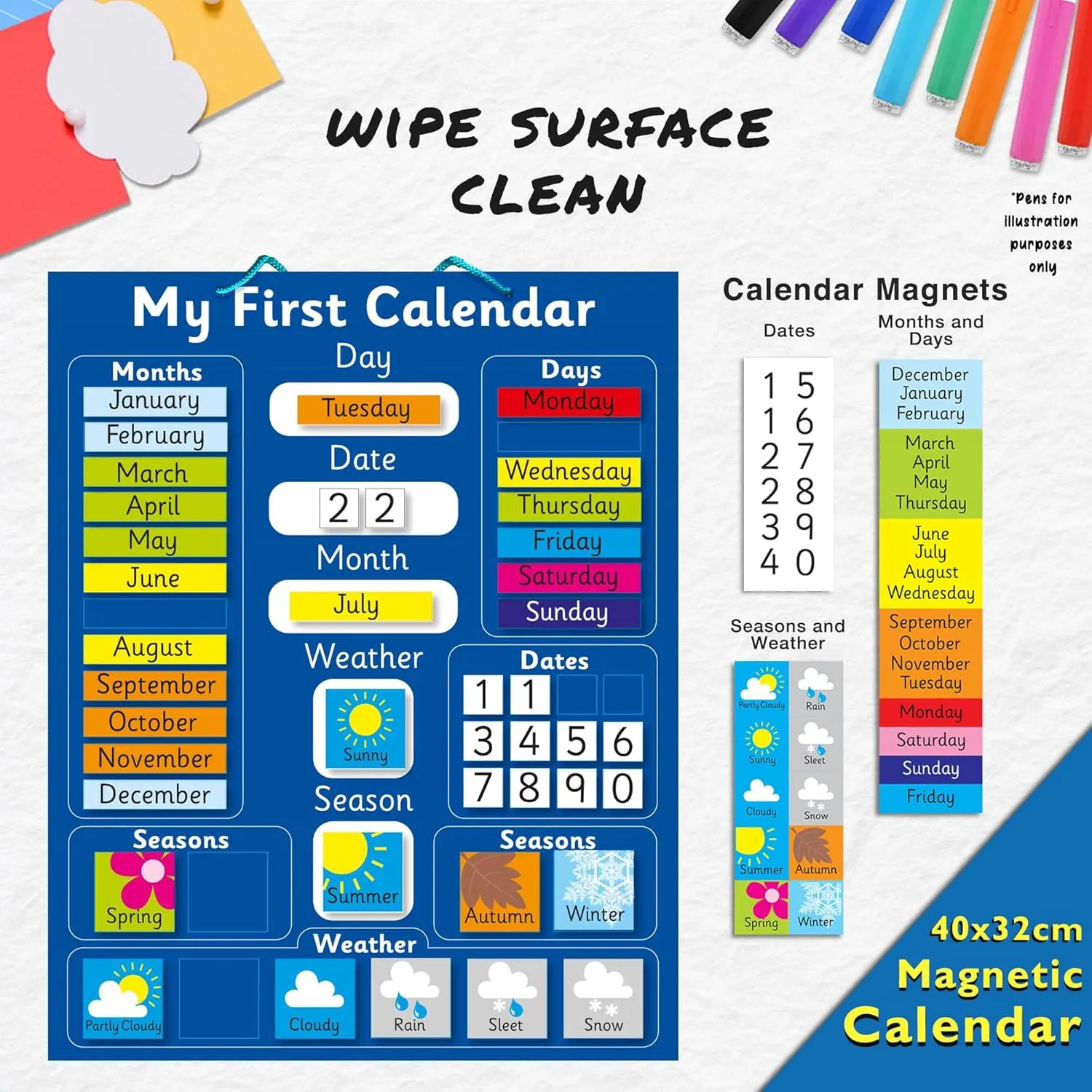 Interactive Children's Magnetic Learning Calendar - Blue- Fun Educational Tool for Time, Seasons, and Weather Awareness - 40x32 cm with Easy Hang Loop