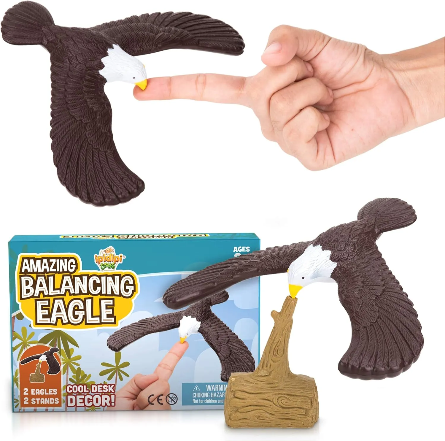 IPIDIPI TOYS Balancing Bird for Finger - Physics and Science Fun - Finger Balance for Party Giveaways, Retro Magic Gift, Stocking Stuffers - 7.5" Wingspan Eagle, Pack of 2