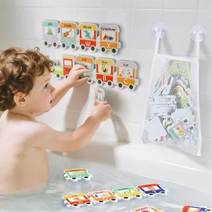 iPlay, iLearn Bath Toy Organizer W/Foam Letters, Toddler Bathtub Toy W/Storage Net, 32 Floating Alphabet Train Puzzle Bathtime Shower Water Play, Learning Birthday Gift 3 4 5 6 Year Old Kid Boy Girl