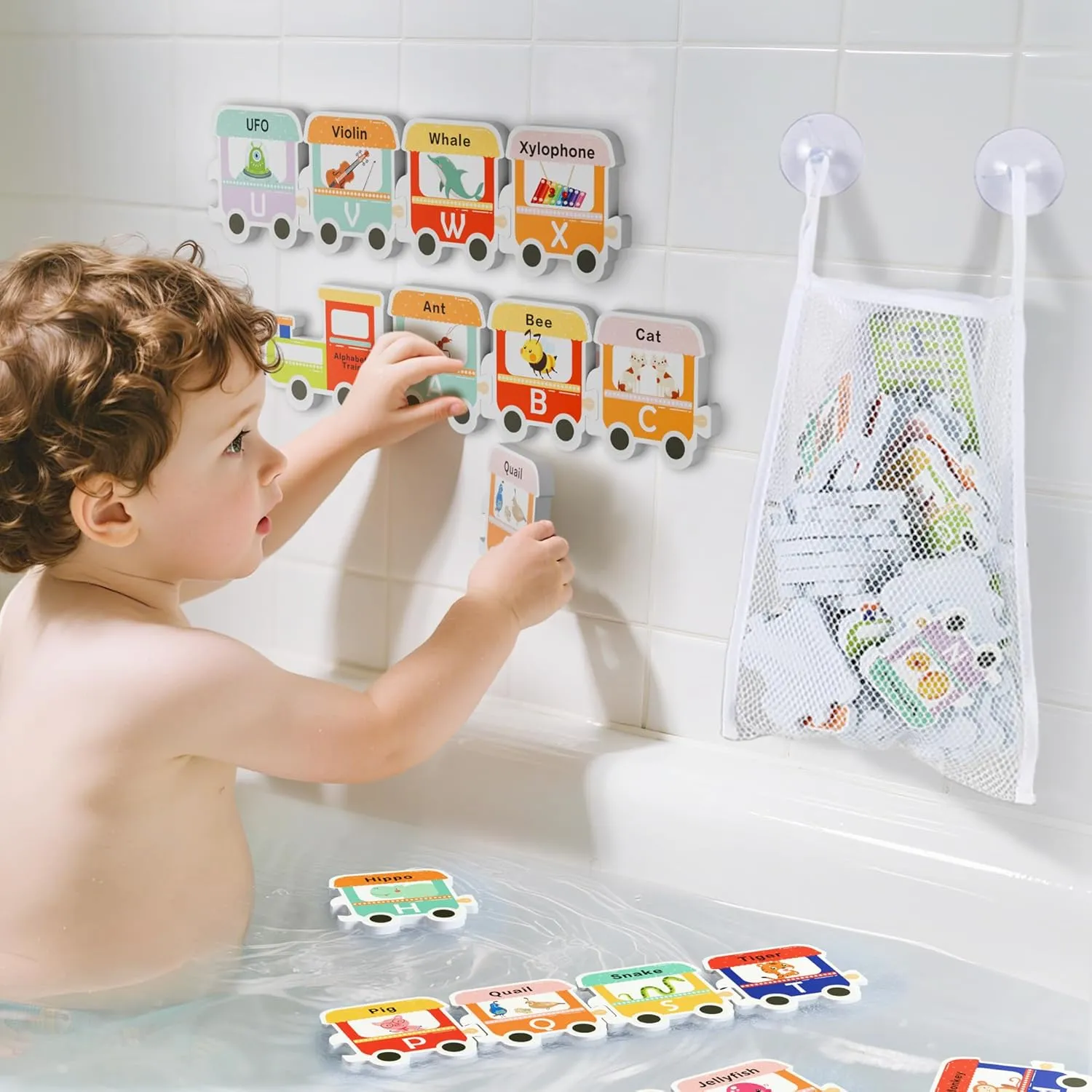 iPlay, iLearn Bath Toy Organizer W/Foam Letters, Toddler Bathtub Toy W/Storage Net, 32 Floating Alphabet Train Puzzle Bathtime Shower Water Play, Learning Birthday Gift 3 4 5 6 Year Old Kid Boy Girl