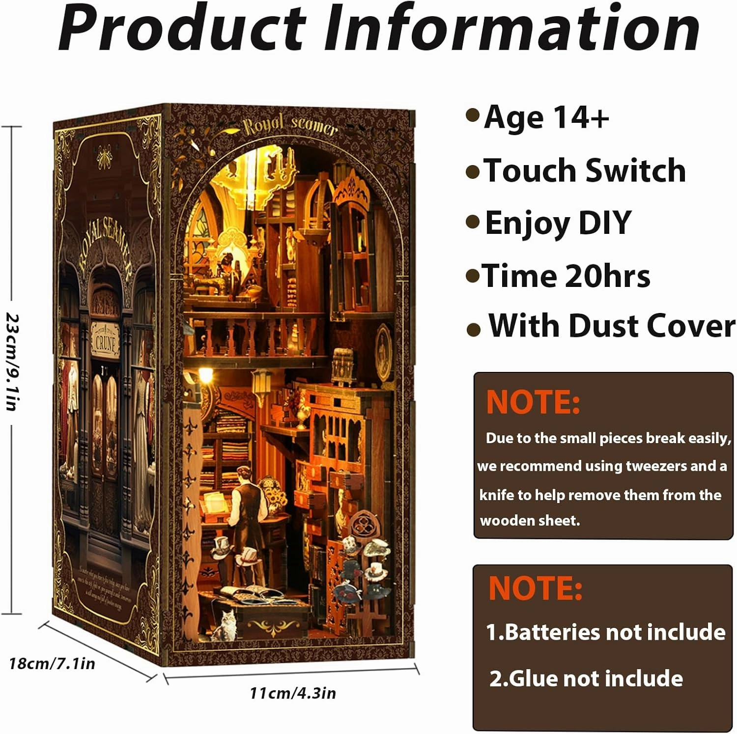 ISSEVE Book Nook Kit, DIY 3D Wooden Puzzle Bookends for Adults, Tiny Miniature House Kit Bookshelf Decor with LED Light and Dust Cover, Gifts for Women Teen Craft Lovers (Royal Seamer)