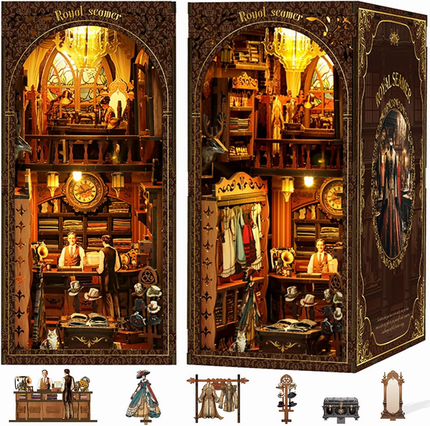 ISSEVE Book Nook Kit, DIY 3D Wooden Puzzle Bookends for Adults, Tiny Miniature House Kit Bookshelf Decor with LED Light and Dust Cover, Gifts for Women Teen Craft Lovers (Royal Seamer)