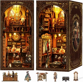 ISSEVE Book Nook Kit, DIY 3D Wooden Puzzle Bookends for Adults, Tiny Miniature House Kit Bookshelf Decor with LED Light and Dust Cover, Gifts for Women Teen Craft Lovers (Royal Seamer)