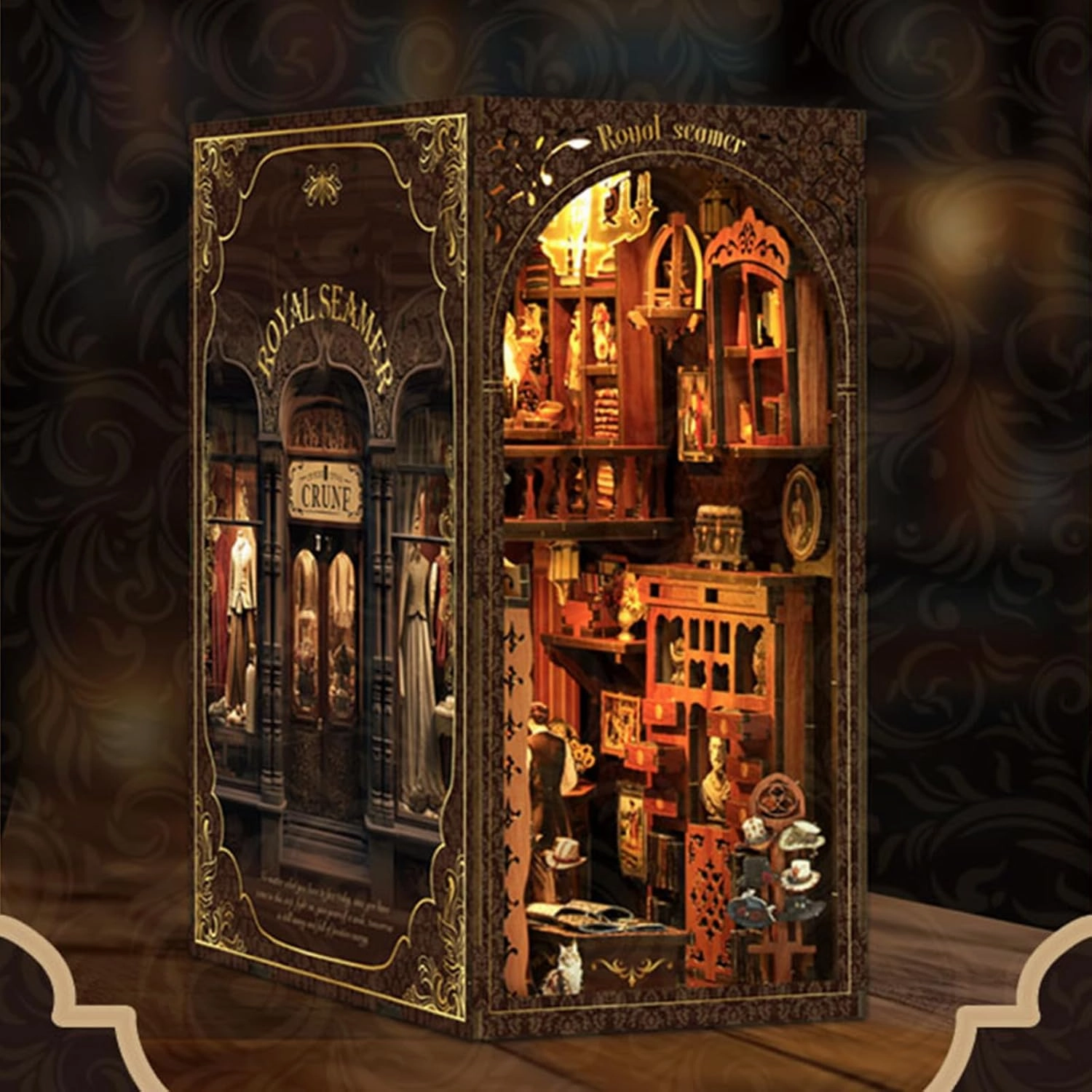 ISSEVE Book Nook Kit, DIY 3D Wooden Puzzle Bookends for Adults, Tiny Miniature House Kit Bookshelf Decor with LED Light and Dust Cover, Gifts for Women Teen Craft Lovers (Royal Seamer)
