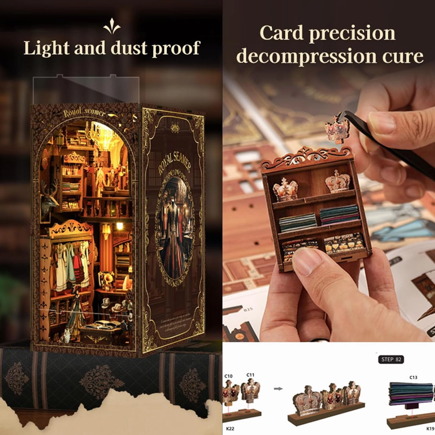 ISSEVE Book Nook Kit, DIY 3D Wooden Puzzle Bookends for Adults, Tiny Miniature House Kit Bookshelf Decor with LED Light and Dust Cover, Gifts for Women Teen Craft Lovers (Royal Seamer)
