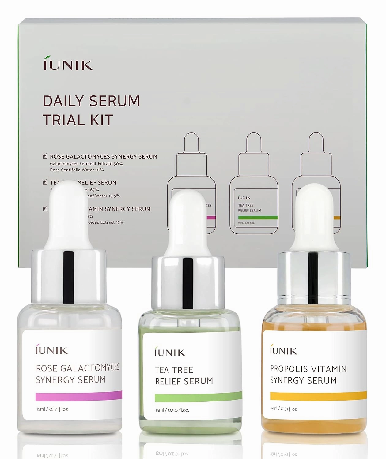 iUNIK Daily Serum Trial Kit (3x 0.51 fl.oz.) - Rose Galactomyces Synergy Serum, Tea Tree Relief Serum,Propolis Vitamin Synergy Serum, Great for Gifts, Trial, and Portability