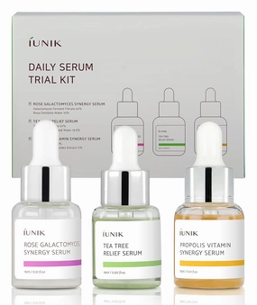 iUNIK Daily Serum Trial Kit (3x 0.51 fl.oz.) - Rose Galactomyces Synergy Serum, Tea Tree Relief Serum,Propolis Vitamin Synergy Serum, Great for Gifts, Trial, and Portability