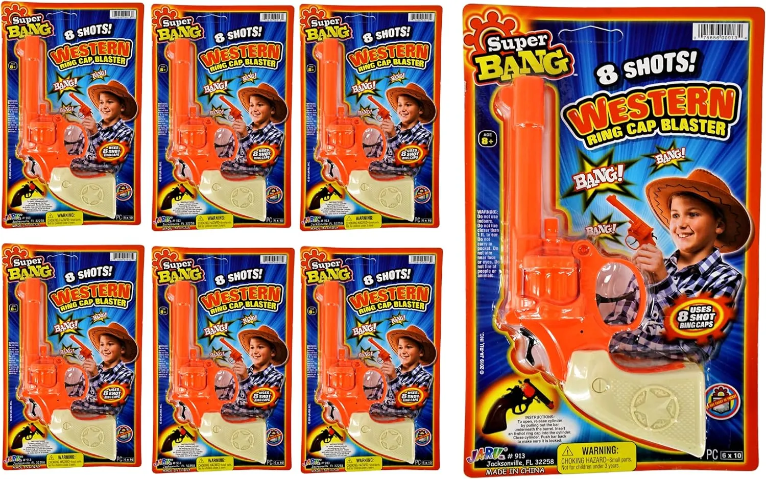 JA-RU Cap Gun Revolver (6 Toy Guns) Cap Gun Ammo 8 Shot Ring. Fake Gun Pistol Toy for Kids. Western Cowboy Toys & Prop Guns. Outdoor Shooter Games. Bulk Play Set. 913-6p