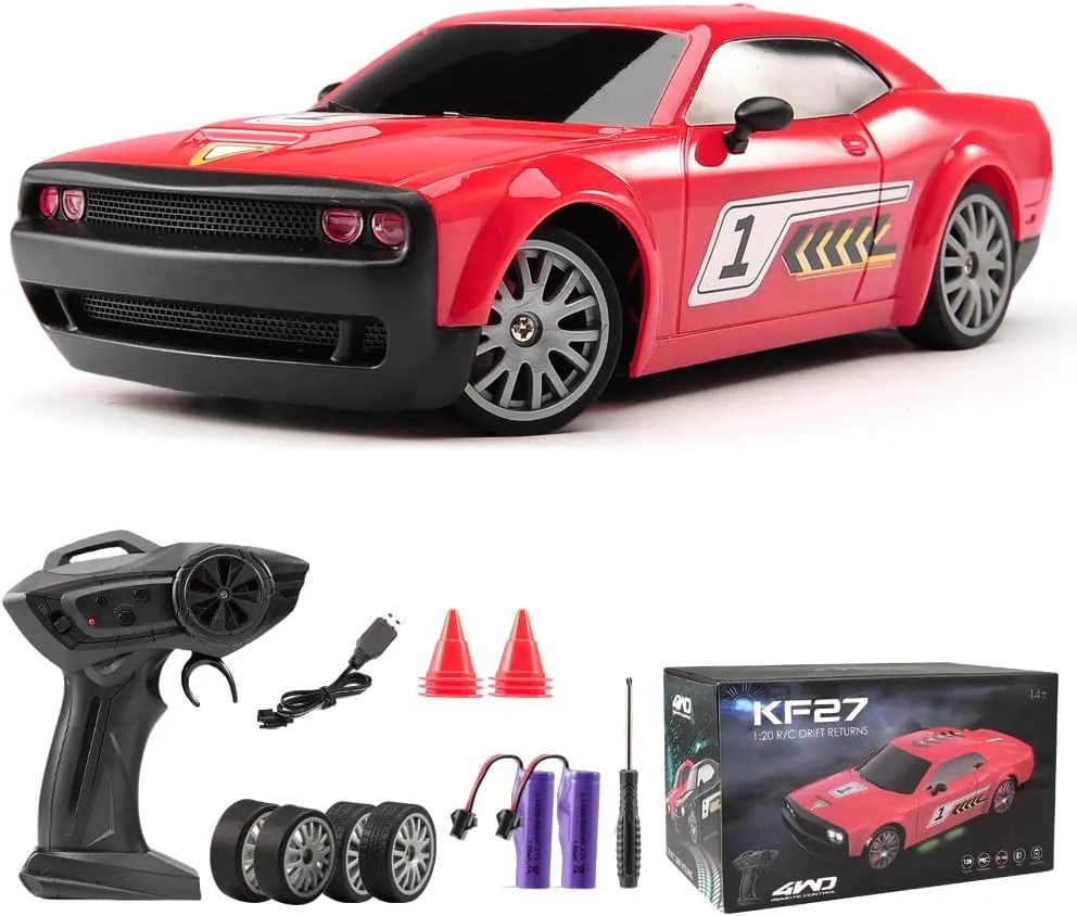 jaming KF27 Remote Control Car,RC Cars for Kids,1:20 4WD RC Drift Car with LED Lights, High-Speed Competitive 2.4G Cars for Drift and Race, Children's Gifts and Toys(Red 2-Battery)