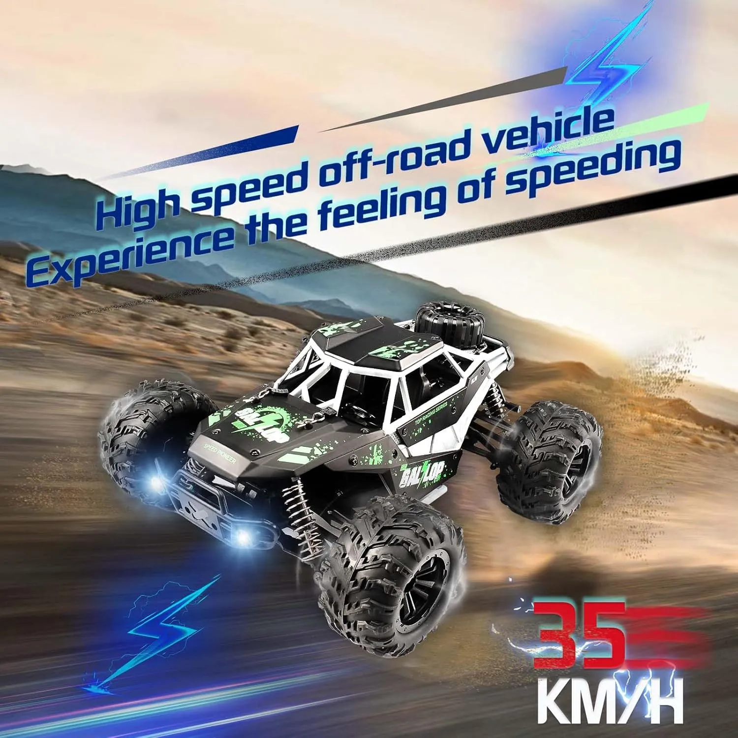 jaming Remote Control Car,2.4GHz High Speed Racer 35KM/H RC Cars Toys, 1:16 Off-Road Drift RC Truck with LED Headlight 4WD 390 Motor Electric Vehicle Toys Gifts for Kids and Adults (Green)