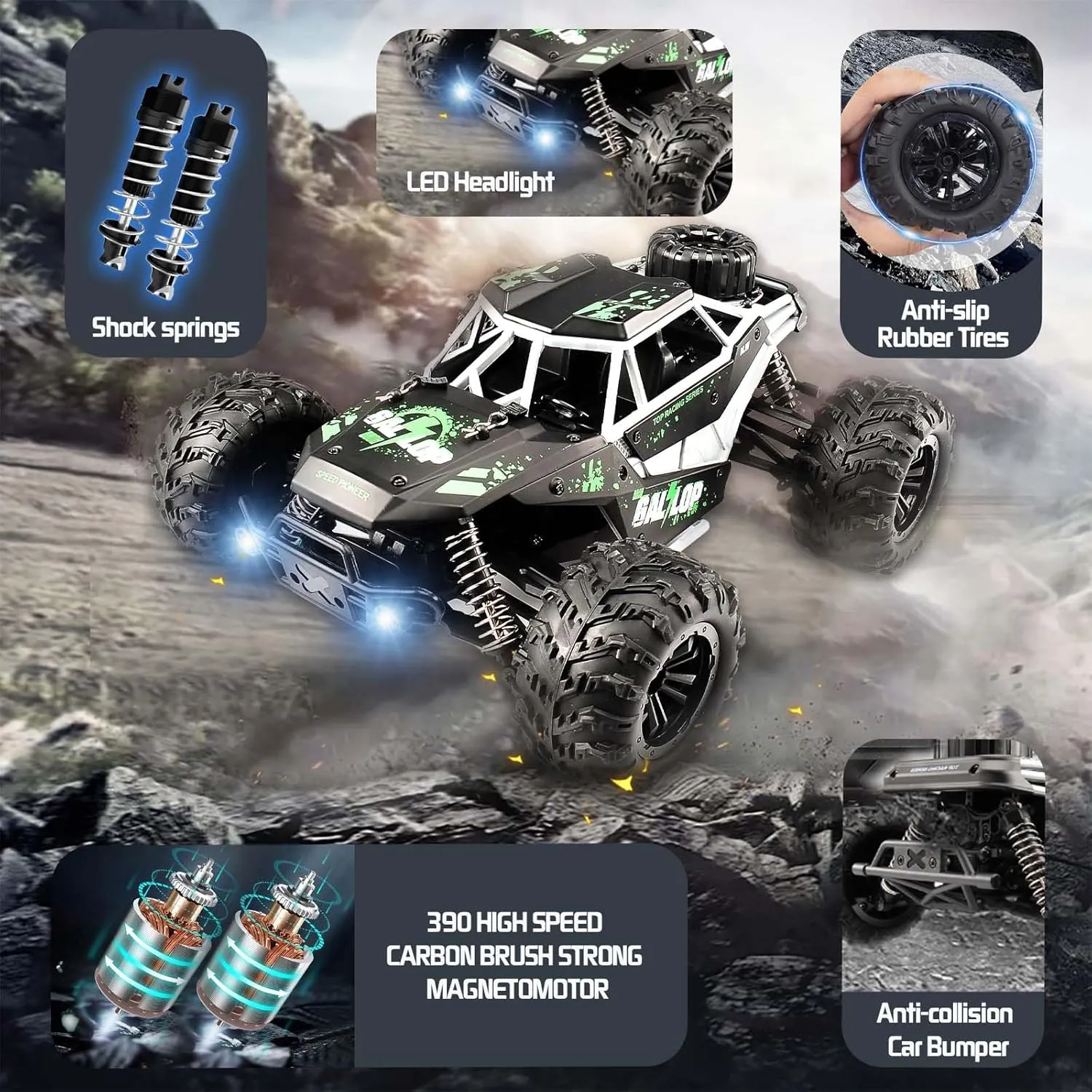 jaming Remote Control Car,2.4GHz High Speed Racer 35KM/H RC Cars Toys, 1:16 Off-Road Drift RC Truck with LED Headlight 4WD 390 Motor Electric Vehicle Toys Gifts for Kids and Adults (Green)