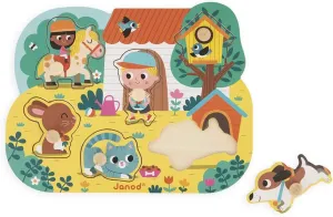 Janod - Babies’ Wooden Puzzle - 6 Pieces with Pegs - Countryside Theme - Recessed Puzzle - Early-Learning Toy - 18 Months   J07107