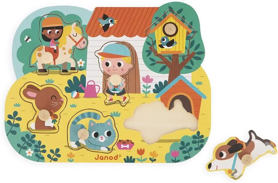 Janod - Babies’ Wooden Puzzle - 6 Pieces with Pegs - Countryside Theme - Recessed Puzzle - Early-Learning Toy - 18 Months   J07107