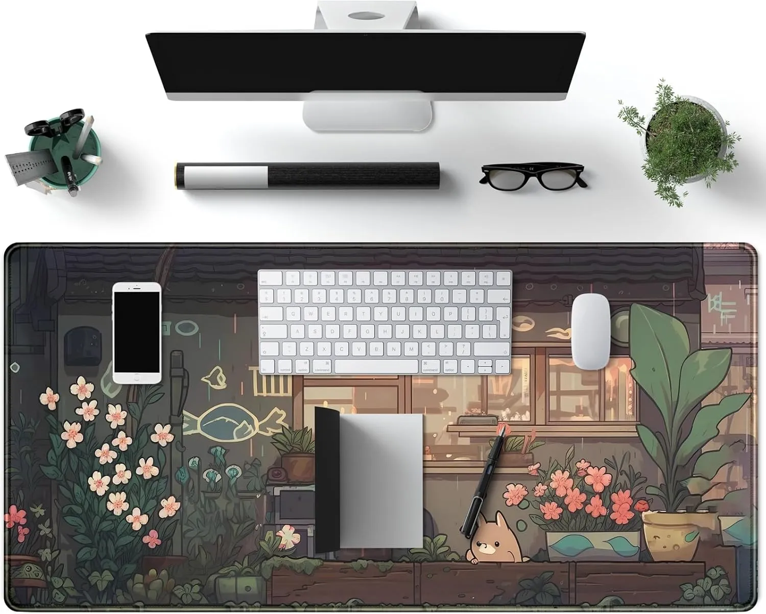 Japanese Anime Desk Mat Kawaii Cat Cute Desk Pad Green Plants Large Gaming Mouse Pad XXL Mousepad Extended Big Mouse Mat Cute Keyboard Mat Desk Decor 31.5''X15.7'' Desktop Mat