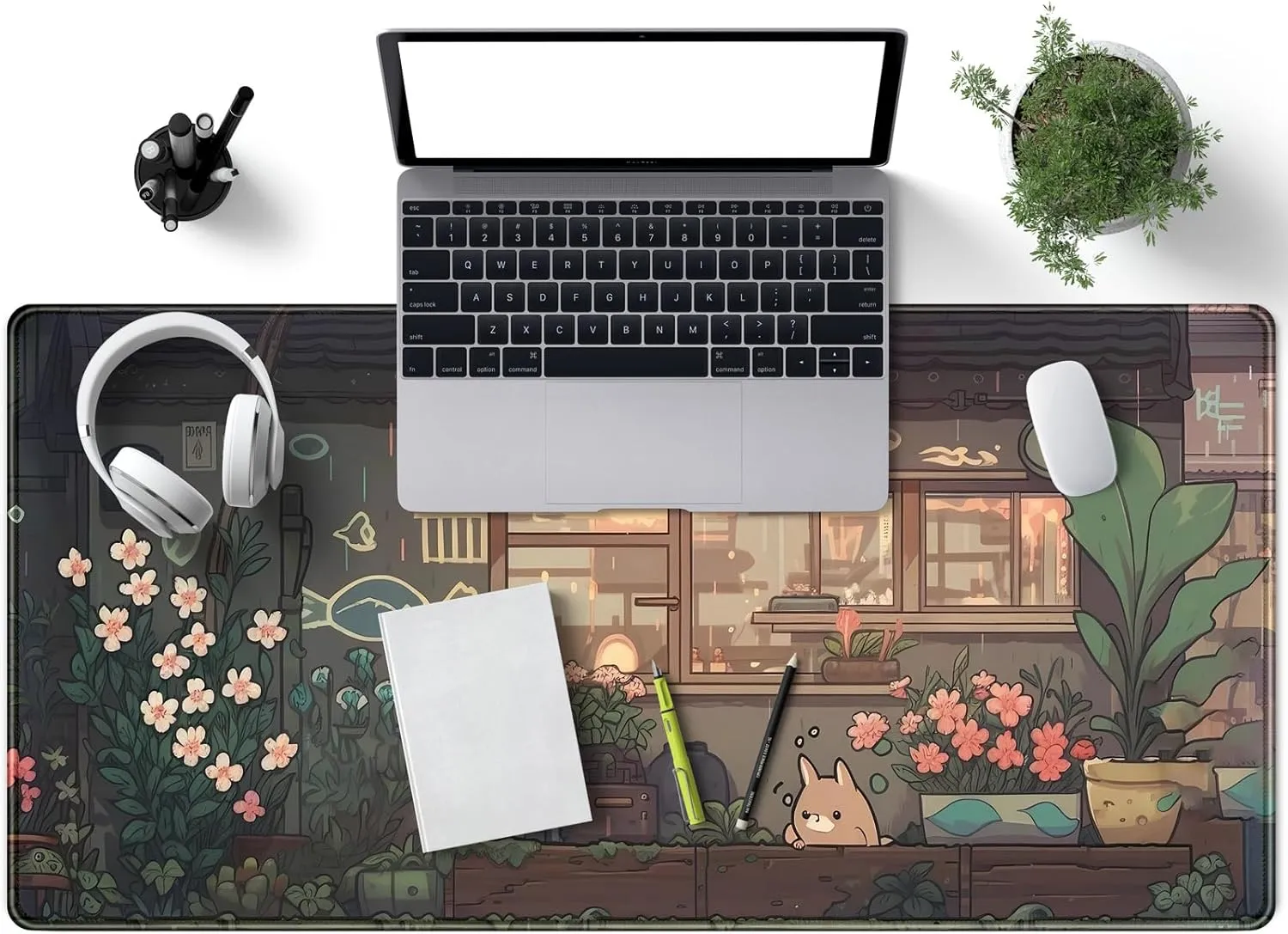 Japanese Anime Desk Mat Kawaii Cat Cute Desk Pad Green Plants Large Gaming Mouse Pad XXL Mousepad Extended Big Mouse Mat Cute Keyboard Mat Desk Decor 31.5''X15.7'' Desktop Mat
