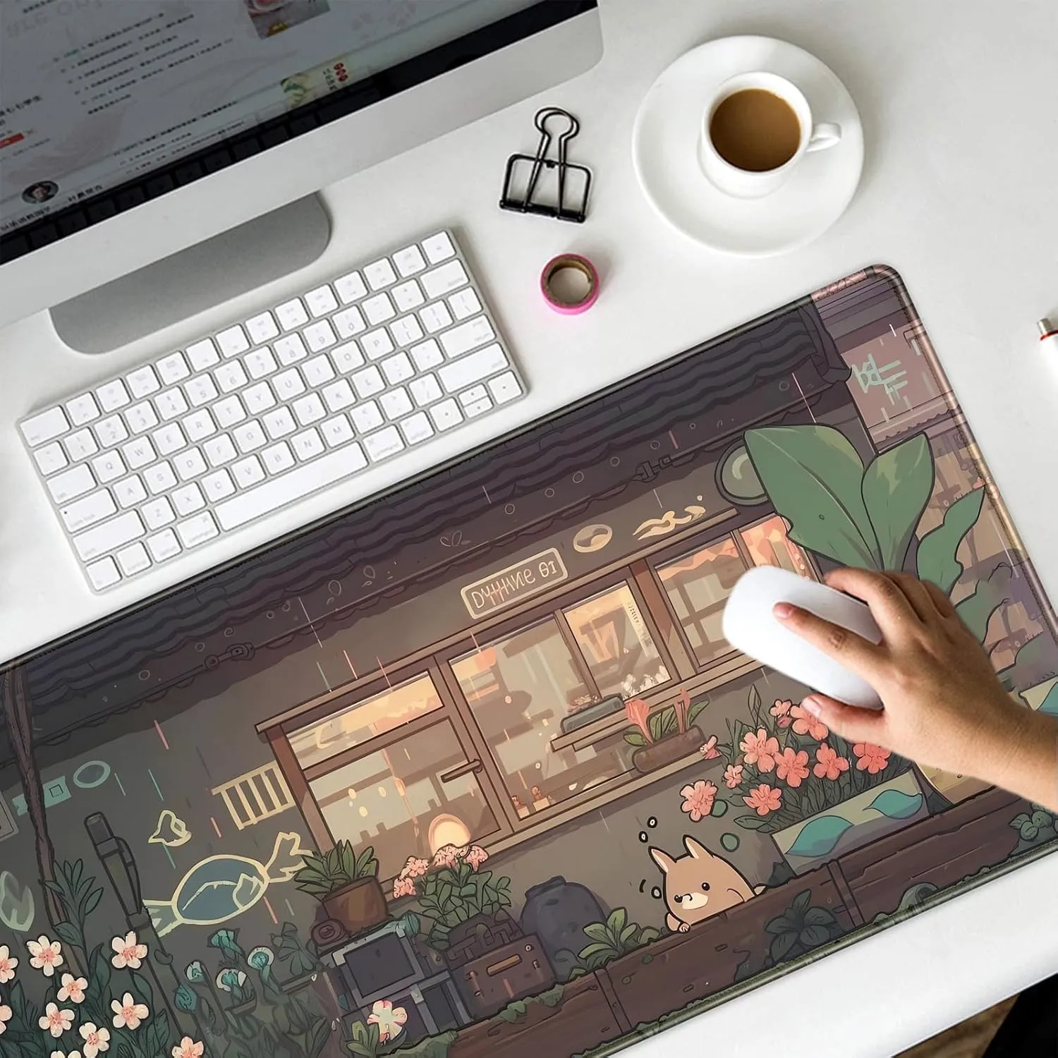 Japanese Anime Desk Mat Kawaii Cat Cute Desk Pad Green Plants Large Gaming Mouse Pad XXL Mousepad Extended Big Mouse Mat Cute Keyboard Mat Desk Decor 31.5''X15.7'' Desktop Mat