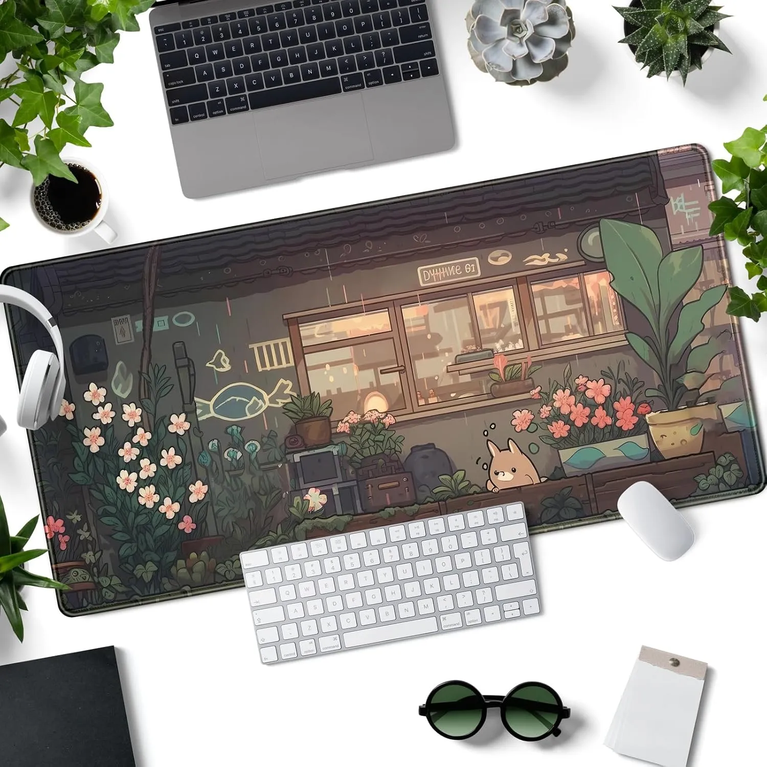 Japanese Anime Desk Mat Kawaii Cat Cute Desk Pad Green Plants Large Gaming Mouse Pad XXL Mousepad Extended Big Mouse Mat Cute Keyboard Mat Desk Decor 31.5''X15.7'' Desktop Mat