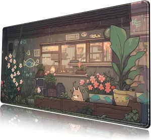 Japanese Anime Desk Mat Kawaii Cat Cute Desk Pad Green Plants Large Gaming Mouse Pad XXL Mousepad Extended Big Mouse Mat Cute Keyboard Mat Desk Decor 31.5''X15.7'' Desktop Mat