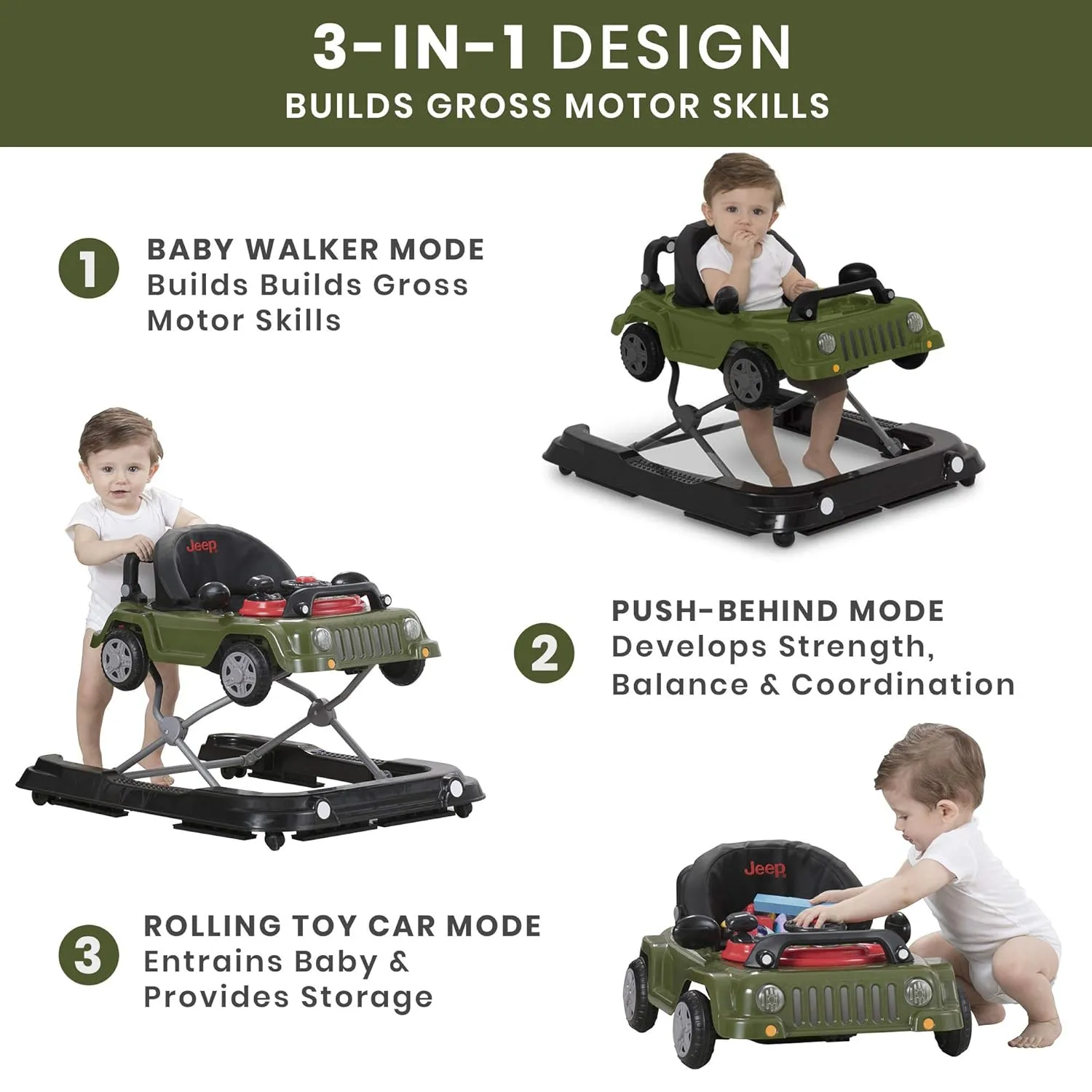 Jeep Classic Wrangler 3-in-1 Grow With Me Activity Walker - Features Music, Lights, Removable Play Tray, Push Walker Mode, Converts into Rolling Car Toy, Anniversary Green
