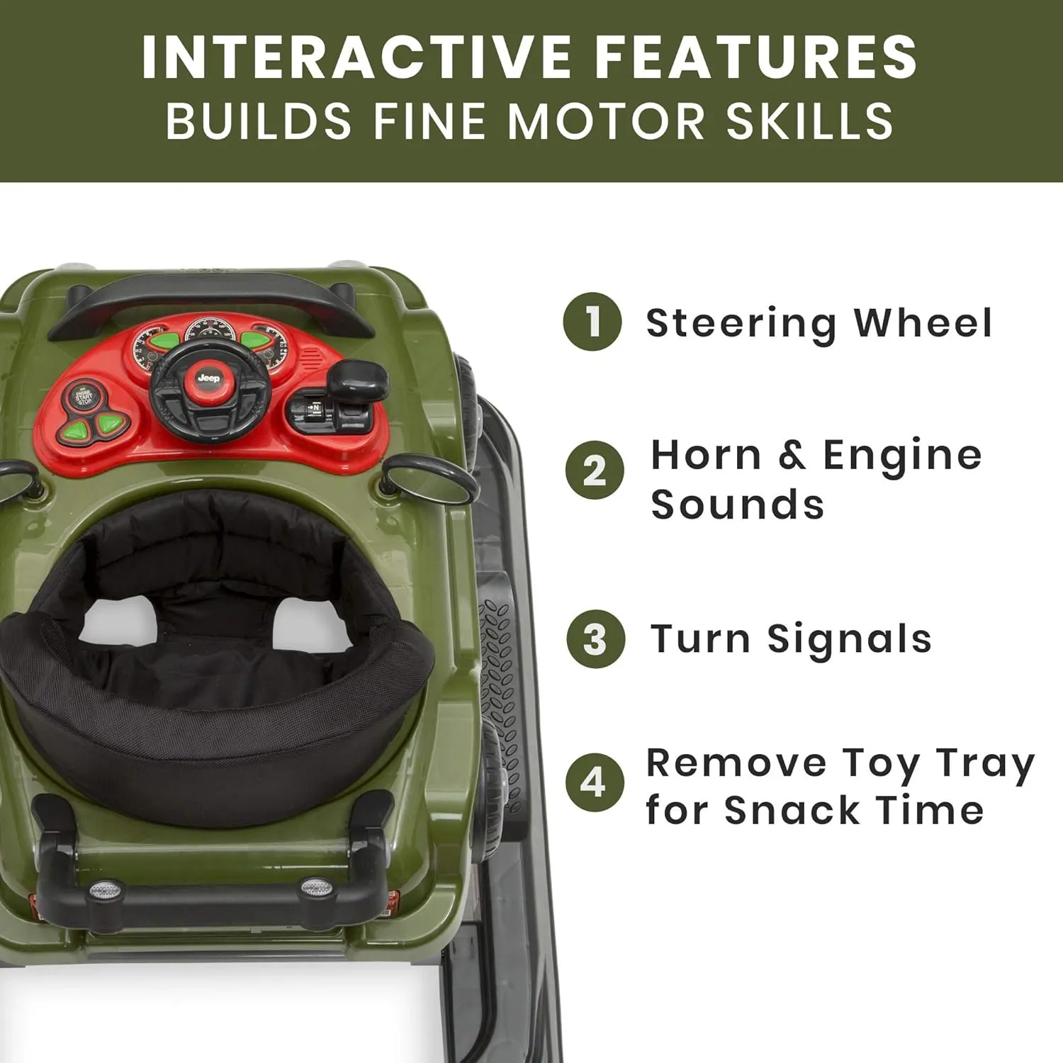 Jeep Classic Wrangler 3-in-1 Grow With Me Activity Walker - Features Music, Lights, Removable Play Tray, Push Walker Mode, Converts into Rolling Car Toy, Anniversary Green