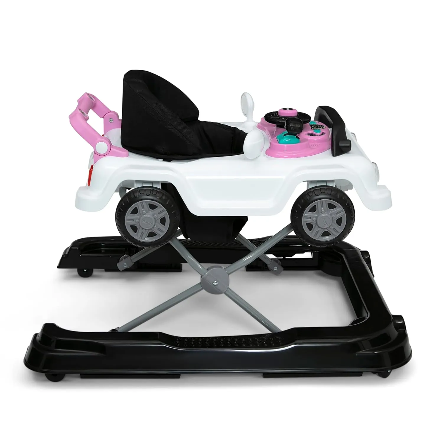 Jeep Classic Wrangler 3-in-1 Grow with Me Activity Walker - Features Music, Lights, Removable Play Tray, Push Walker Mode, Converts into Rolling Car Toy, White/Pink