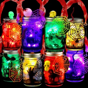 Jenaai 8 Pcs Halloween Lantern Craft Glass Mason Jar Light with Accessories for DIY Lantern Jar Halloween Activities Supplies Gift for Crafts Art Party
