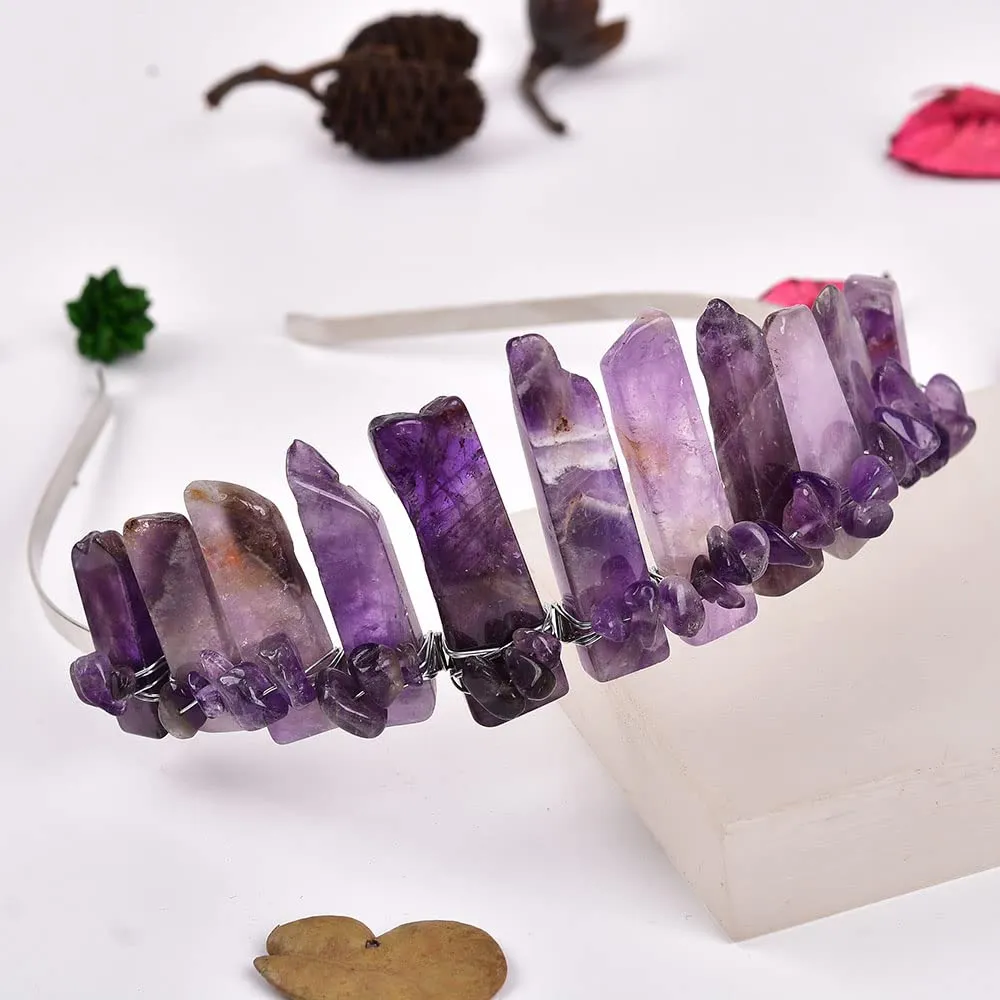JIC Gem Amethyst Crystal Crown Raw Quartz Headband Handmade Tiara Natural Stone Headpiece Women Girls for Wedding Parties