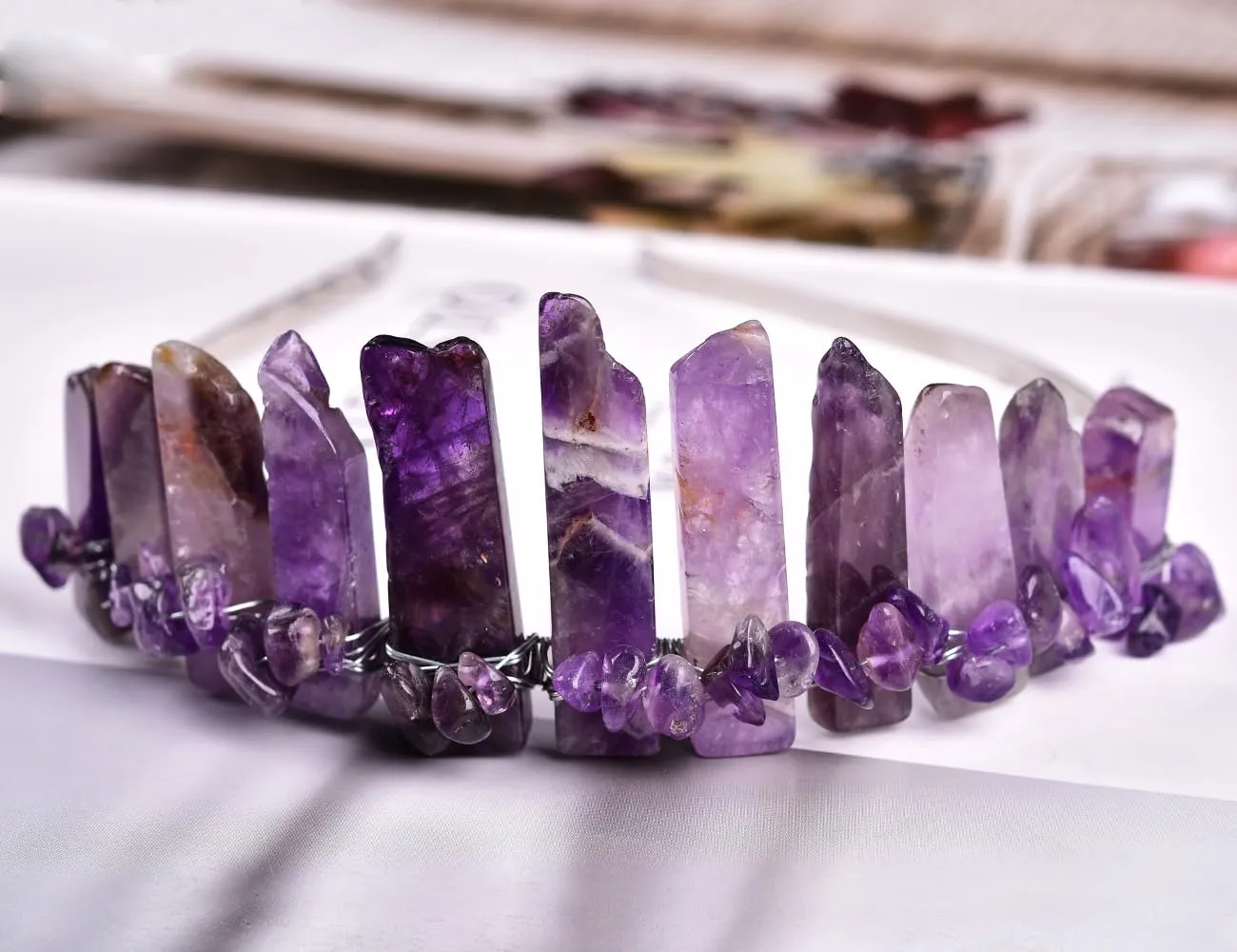 JIC Gem Amethyst Crystal Crown Raw Quartz Headband Handmade Tiara Natural Stone Headpiece Women Girls for Wedding Parties