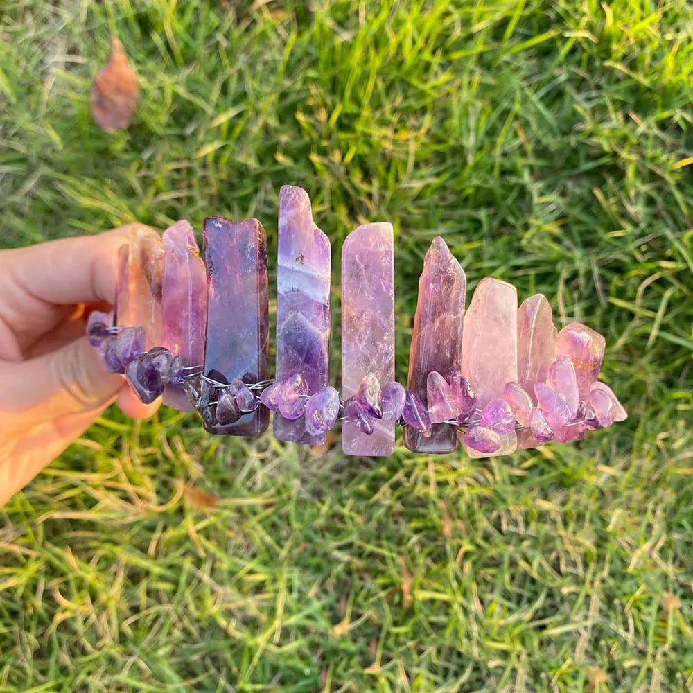 JIC Gem Amethyst Crystal Crown Raw Quartz Headband Handmade Tiara Natural Stone Headpiece Women Girls for Wedding Parties