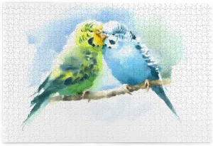 Jigsaw Puzzles for Adults 1000 Piece,Watercolor Pet Birds Green and Blue Budgerigar Parakeets Hand Drawn,Large Family Puzzle Game Artwork for Adults Teens Gift