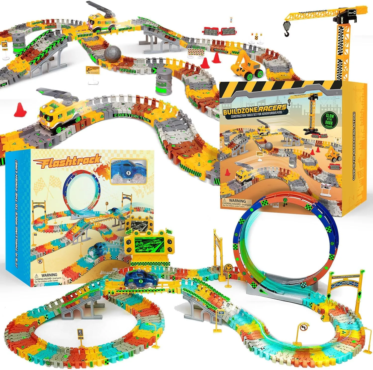 JITTERYGIT Race Track and Construction Track Christmas Bundle Gift, Glow in the Dark Flexible Racing STEM Vehicle Building Play Site Set, Magic Racetrack Present For Kids, Ages 3 4 5 6 7 8 9 Years Old