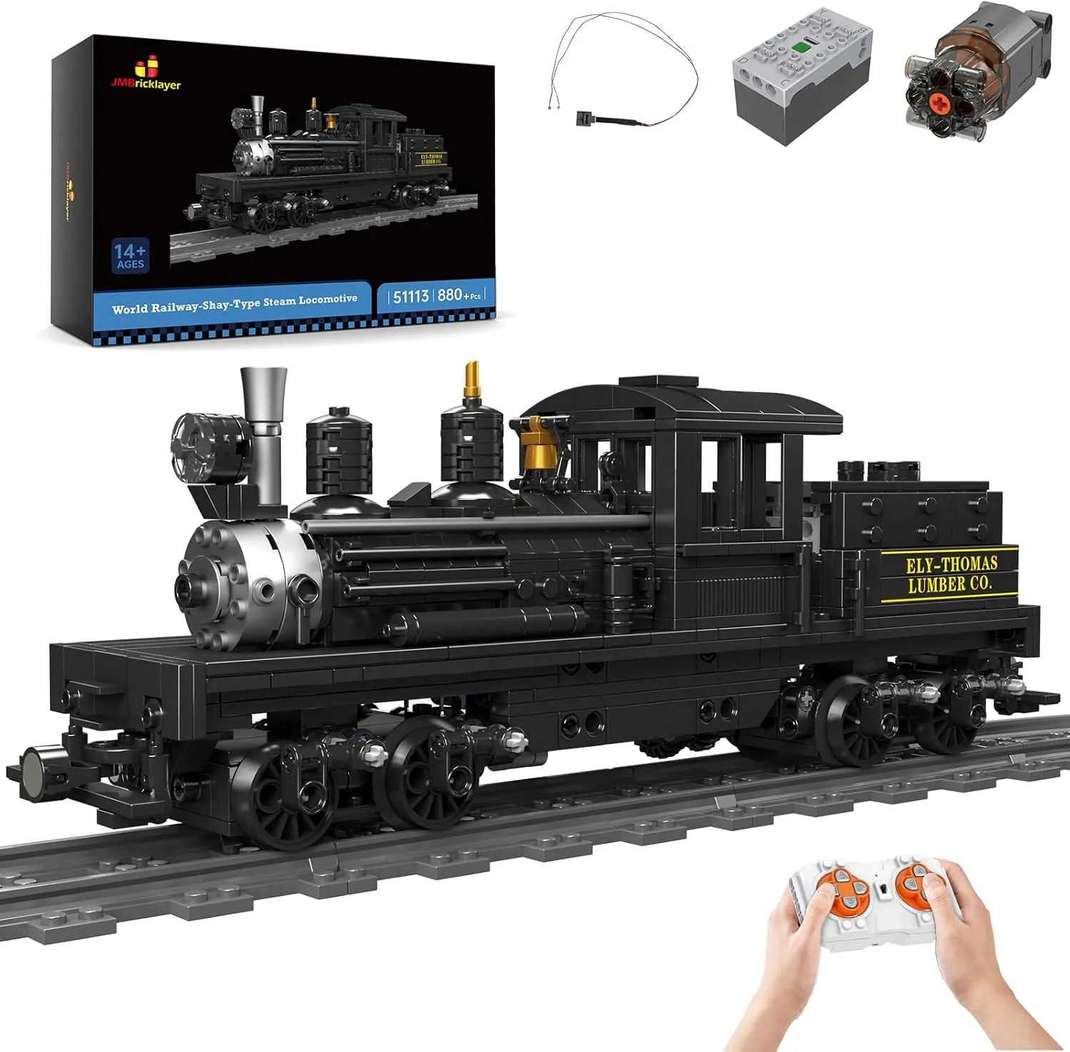 JMBricklayer Train Building Set with Lights 51113, Remote Control Classic Train Model Toy with Tracks, Shay-Type Steam Locomotive Train Set Display, Ideal Gift for Train Lovers, Kids Aged 14 (880PCS)