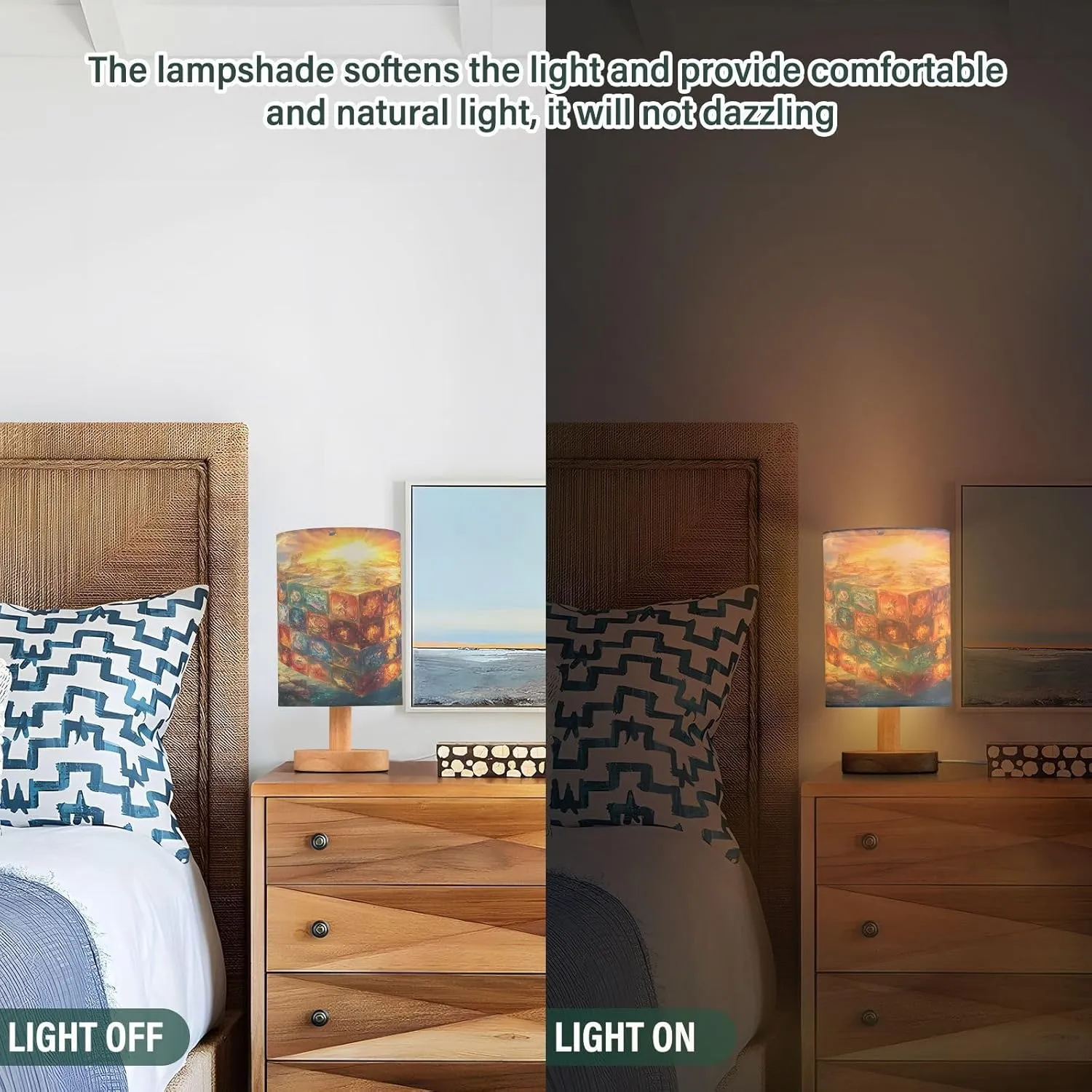 Joisal Glowing Magic Cube Mini Desk Lamp with Linen Shade Night Stand Lamp for Bedroom, Lamps for Bedrooms