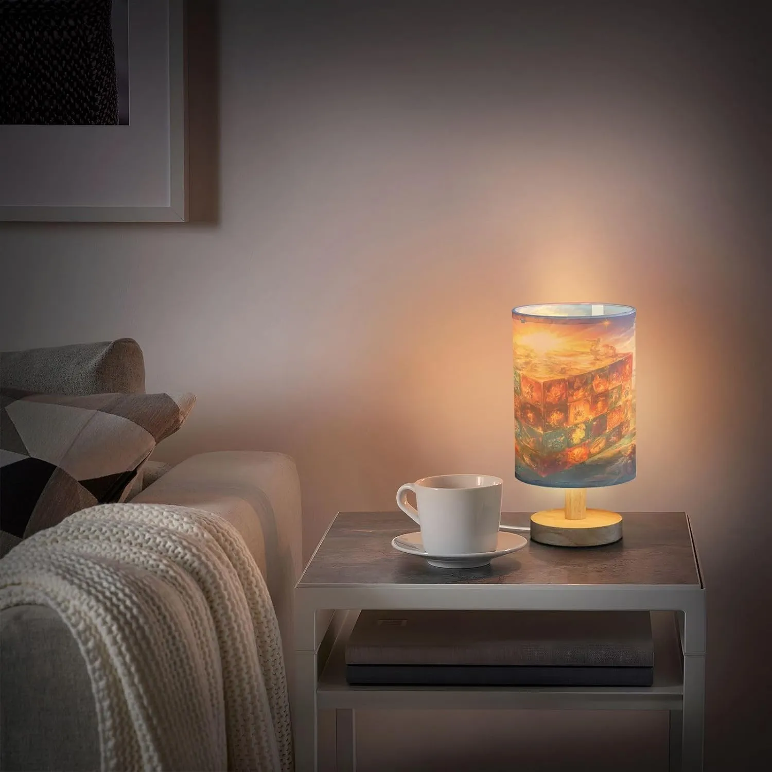 Joisal Glowing Magic Cube Mini Desk Lamp with Linen Shade Night Stand Lamp for Bedroom, Lamps for Bedrooms
