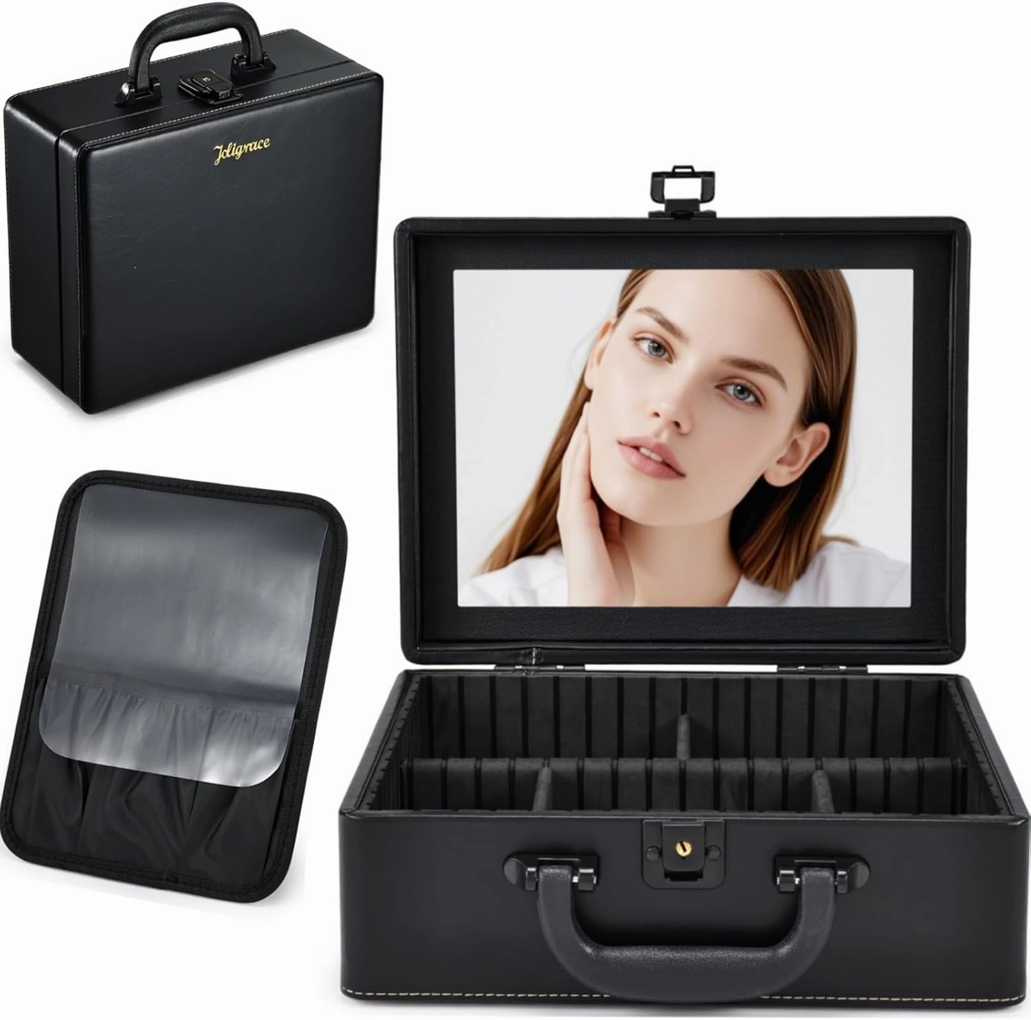 Joligrace Travel Makeup Case with Mirror, Makeup Organizer Case, PU Leather Makeup Train Case Portable Vanity Case Make up Box Countertop Storage Bag for Women,with Adjustable Dividers & Brush Holder
