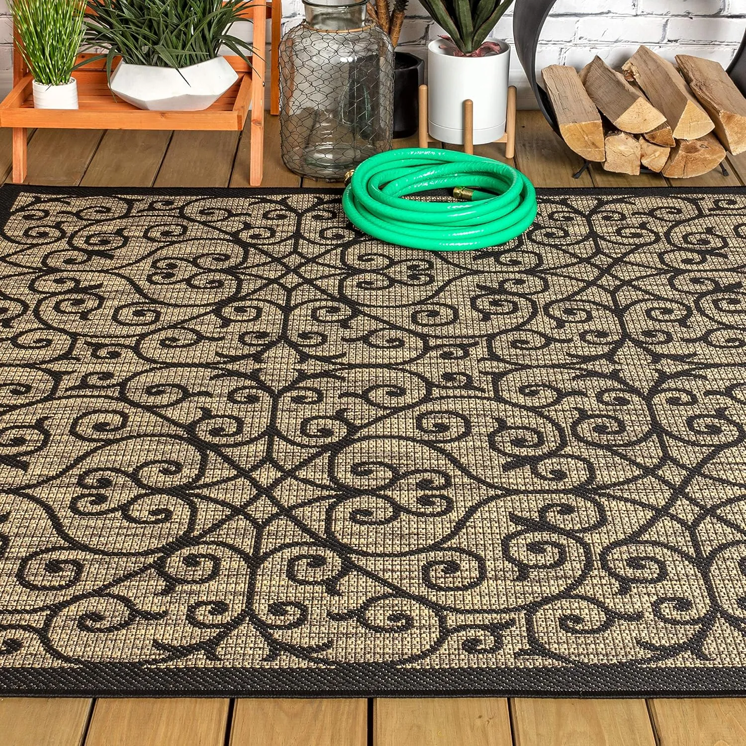 JONATHAN Y SMB107A-9 Madrid Vintage Filigree Textured Weave Indoor Outdoor Area-Rug Classic Coastal Easy-Cleaning Bedroom Kitchen Backyard Patio Non Shedding, 9 X 12, Black/Khaki