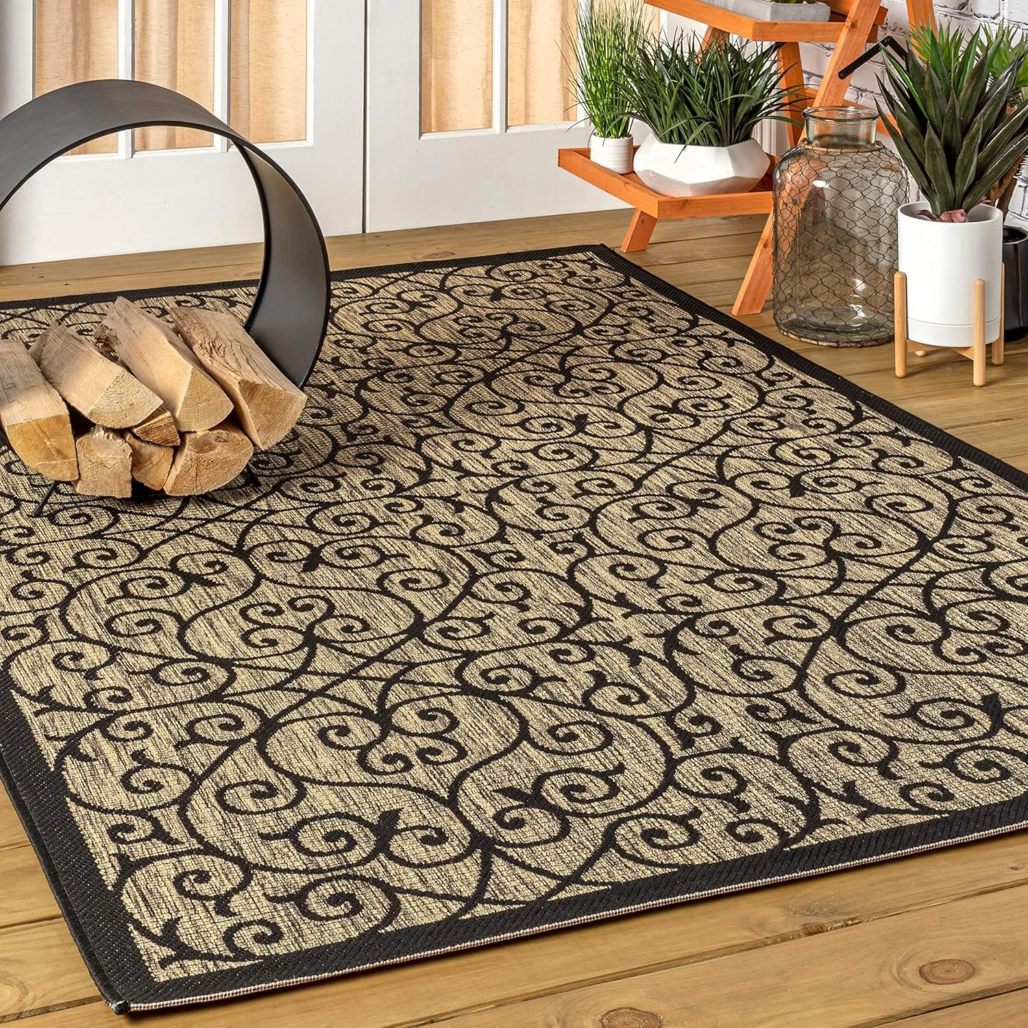 JONATHAN Y SMB107A-9 Madrid Vintage Filigree Textured Weave Indoor Outdoor Area-Rug Classic Coastal Easy-Cleaning Bedroom Kitchen Backyard Patio Non Shedding, 9 X 12, Black/Khaki