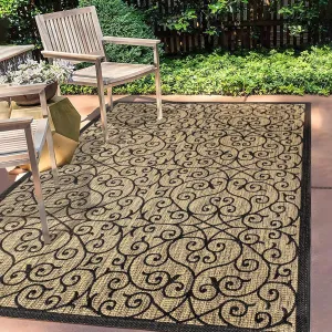 JONATHAN Y SMB107A-9 Madrid Vintage Filigree Textured Weave Indoor Outdoor Area-Rug Classic Coastal Easy-Cleaning Bedroom Kitchen Backyard Patio Non Shedding, 9 X 12, Black/Khaki