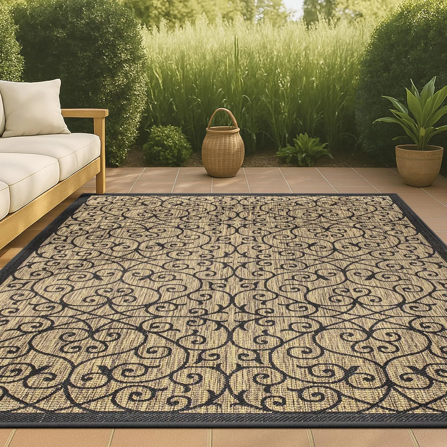 JONATHAN Y SMB107A-9 Madrid Vintage Filigree Textured Weave Indoor Outdoor Area-Rug Classic Coastal Easy-Cleaning Bedroom Kitchen Backyard Patio Non Shedding, 9 X 12, Black/Khaki