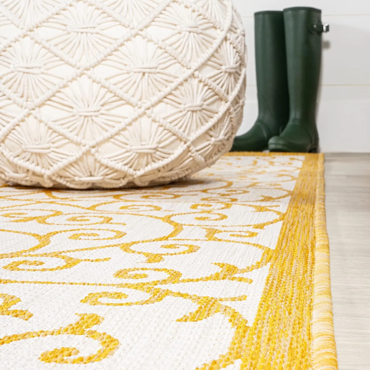 JONATHAN Y SMB107D-28 Madrid Vintage Filigree Textured Weave Indoor Outdoor Runner Rug, Classic,Traditional,Transitional Easy Cleaning,Bedroom,Kitchen,Backyard,Patio,Non Shedding, Cream/Yellow, 2 X 8