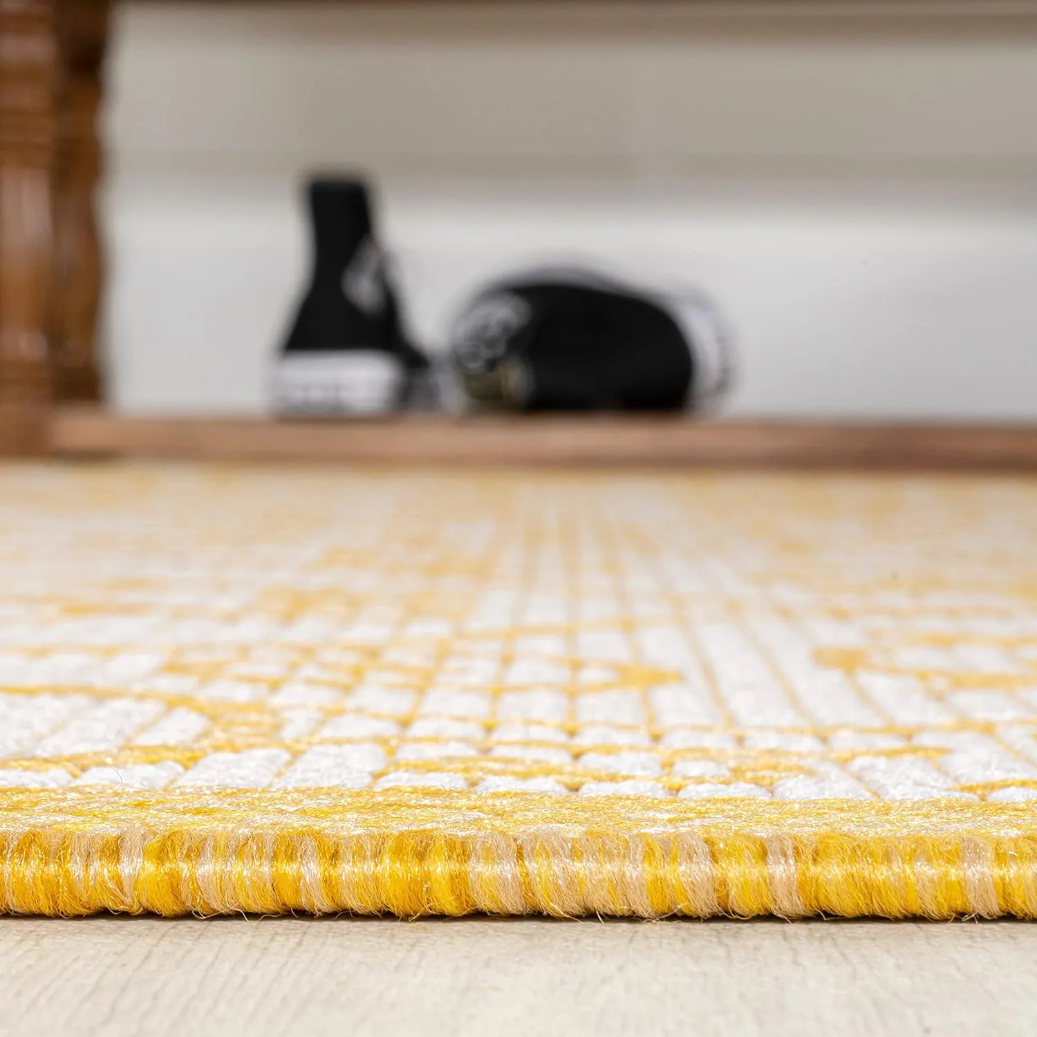 JONATHAN Y SMB107D-28 Madrid Vintage Filigree Textured Weave Indoor Outdoor Runner Rug, Classic,Traditional,Transitional Easy Cleaning,Bedroom,Kitchen,Backyard,Patio,Non Shedding, Cream/Yellow, 2 X 8
