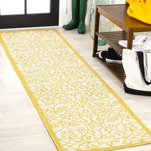JONATHAN Y SMB107D-28 Madrid Vintage Filigree Textured Weave Indoor Outdoor Runner Rug, Classic,Traditional,Transitional Easy Cleaning,Bedroom,Kitchen,Backyard,Patio,Non Shedding, Cream/Yellow, 2 X 8