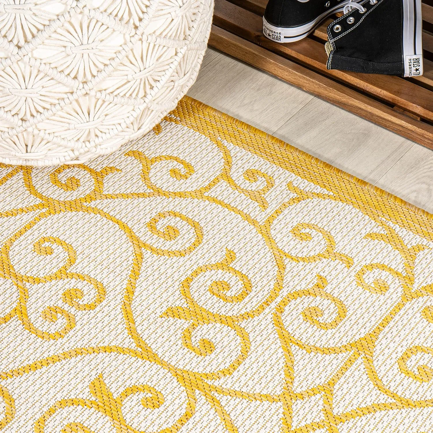 JONATHAN Y SMB107D-28 Madrid Vintage Filigree Textured Weave Indoor Outdoor Runner Rug, Classic,Traditional,Transitional Easy Cleaning,Bedroom,Kitchen,Backyard,Patio,Non Shedding, Cream/Yellow, 2 X 8
