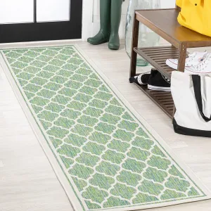 JONATHAN Y SMB109I-28 Trebol Moroccan Trellis Textured Weave Indoor Outdoor Runner Rug, Bohemian Modern Coastal Easy Cleaning,Bedroom,Kitchen,Backyard,Patio,Non Shedding, Cream/Green, 2 X 8